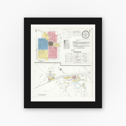 Old map wall art mockup — black gallery frame with white mat — Sanborn Fire Insurance Map from Wolfe City, Hunt County, Texas (1934), Sheet #0001
