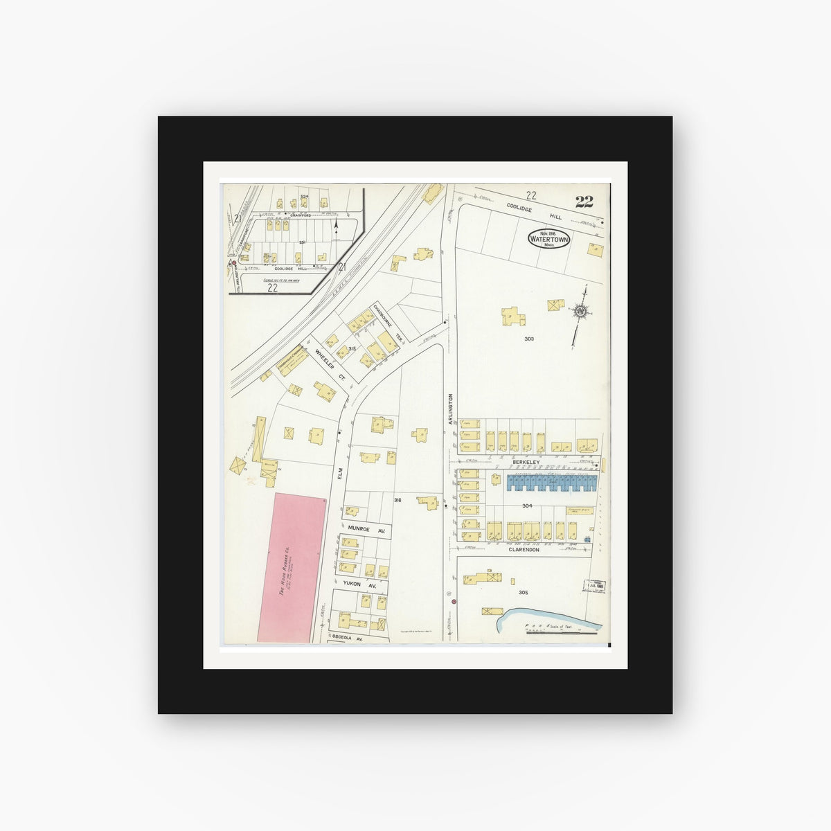 Old map wall art mockup — black gallery frame with white mat — Sanborn Fire Insurance Map from Watertown, Middlesex County, Massachusetts (1916), Sheet #0022