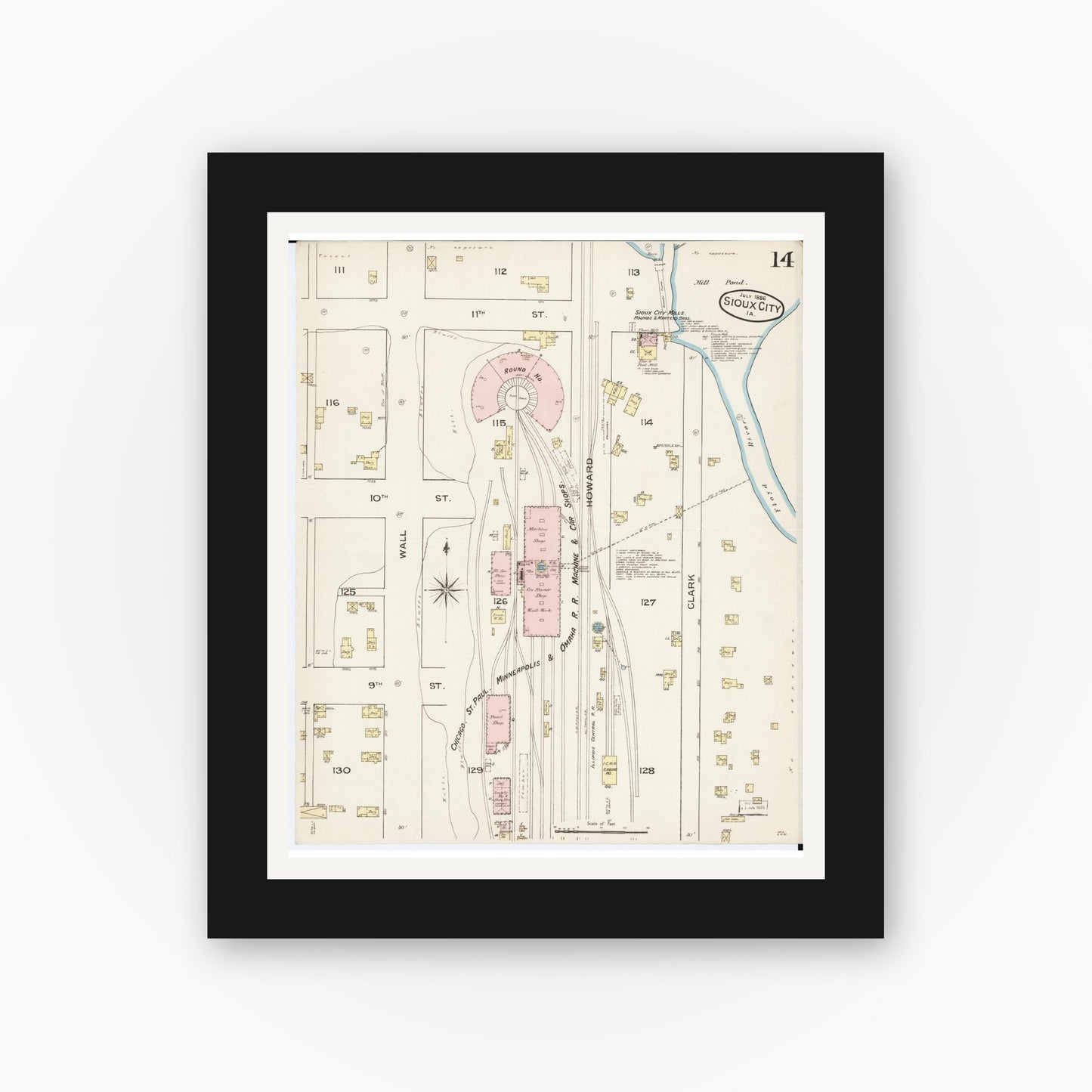 Old map wall art mockup — black gallery frame with white mat — Sanborn Fire Insurance Map from Sioux City, Woodbury County, Iowa (1886), Sheet #0014