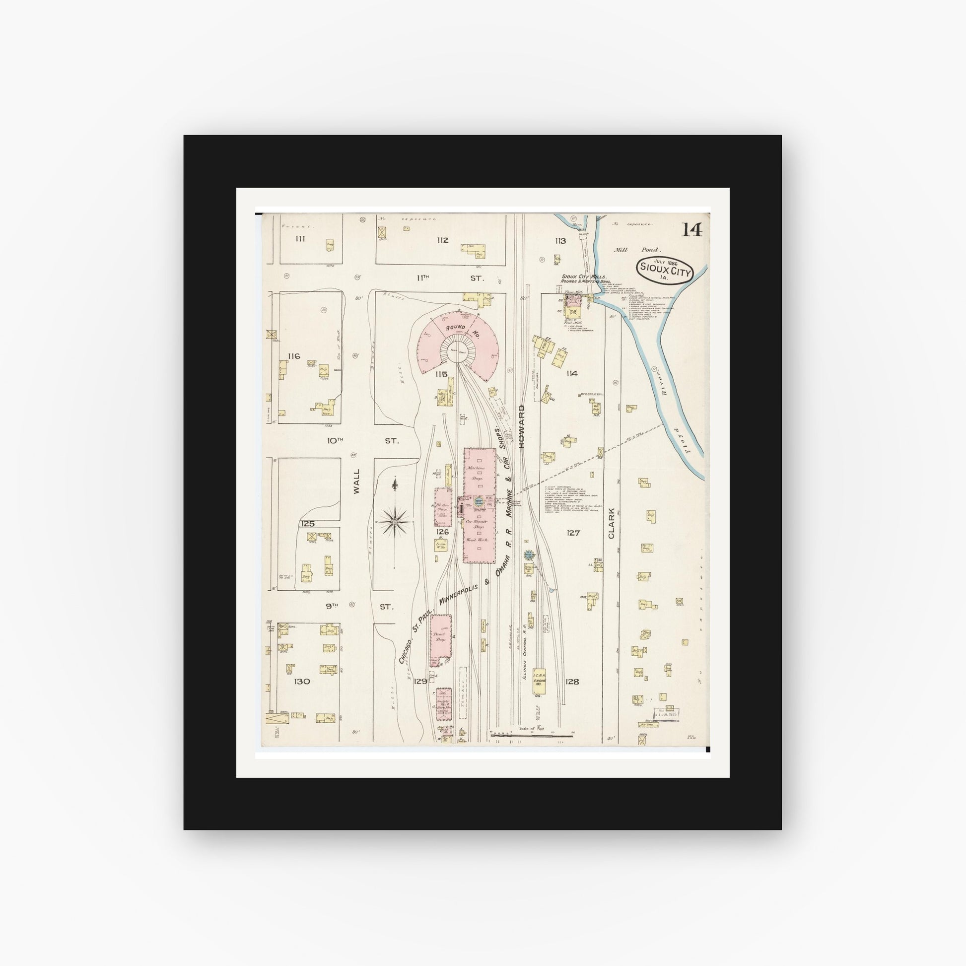 Old map wall art mockup — black gallery frame with white mat — Sanborn Fire Insurance Map from Sioux City, Woodbury County, Iowa (1886), Sheet #0014