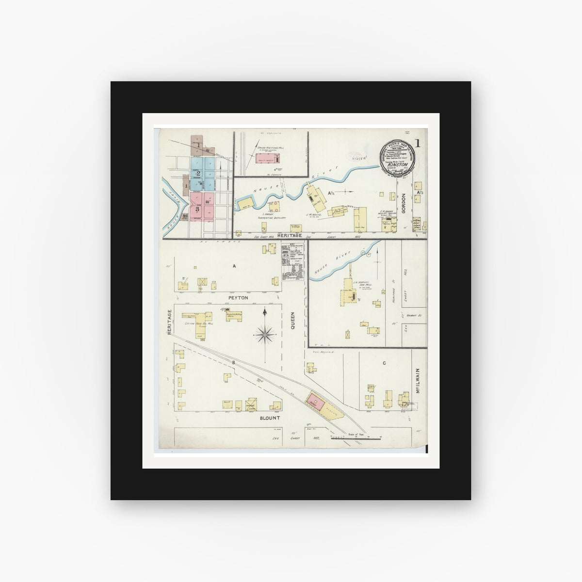 Old map wall art mockup — black gallery frame with white mat — Sanborn Fire Insurance Map from Kinston, Lenoir County, North Carolina (1891) - Complete Map Set