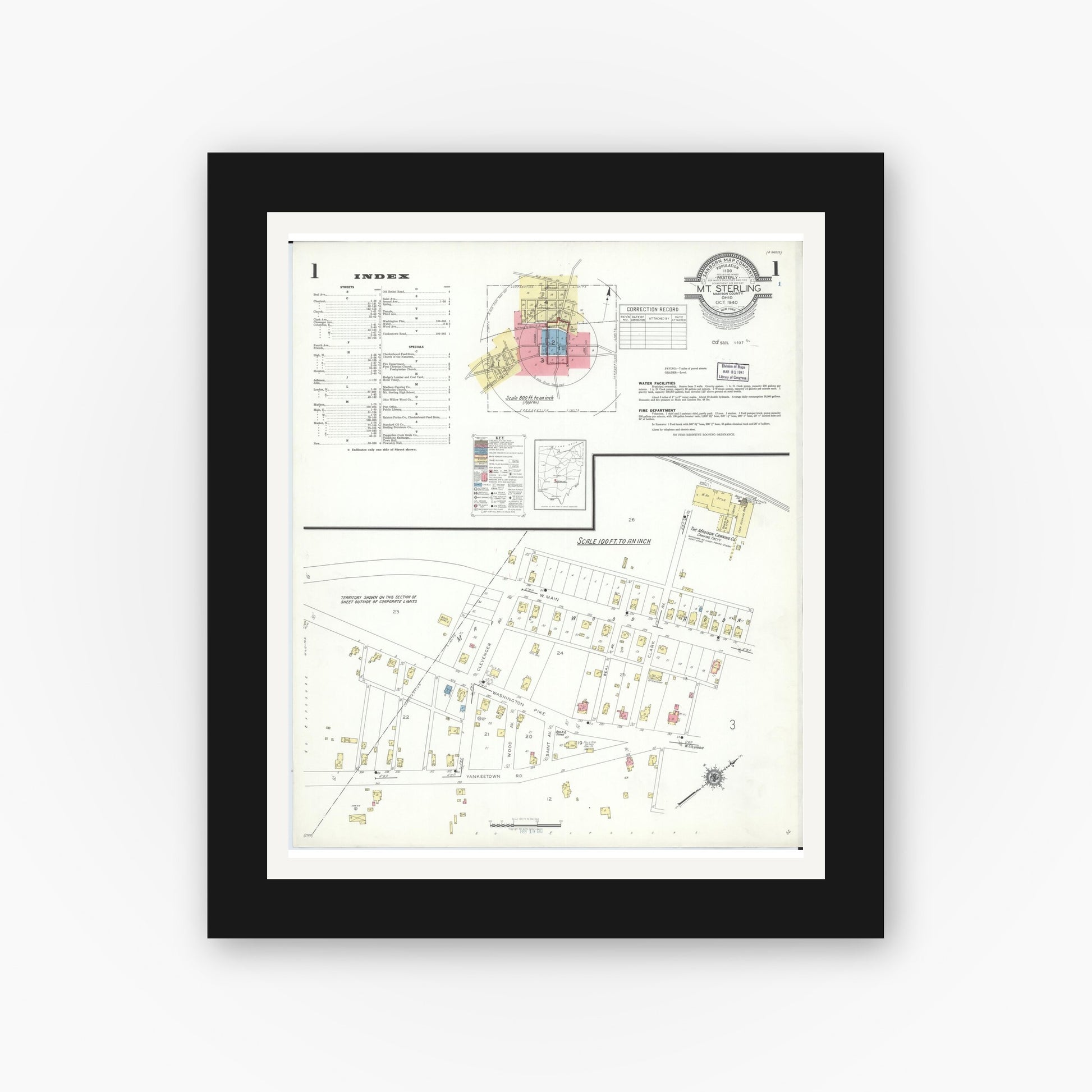 Old map wall art mockup — black gallery frame with white mat — Sanborn Fire Insurance Map from Mount Sterling, Madison County, Ohio (1940), Sheet #0001