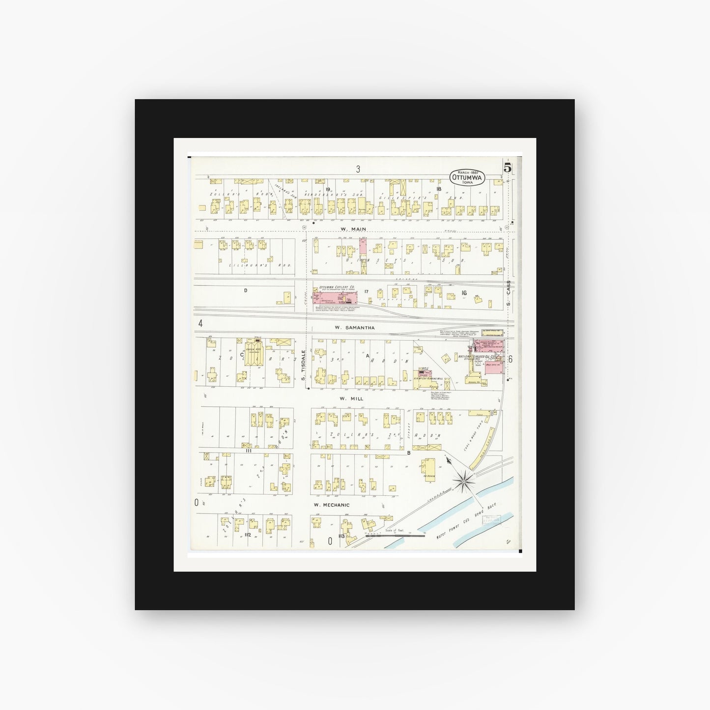 Old map wall art mockup — black gallery frame with white mat — Sanborn Fire Insurance Map from Ottumwa, Wapello County, Iowa (1897), Sheet #0005