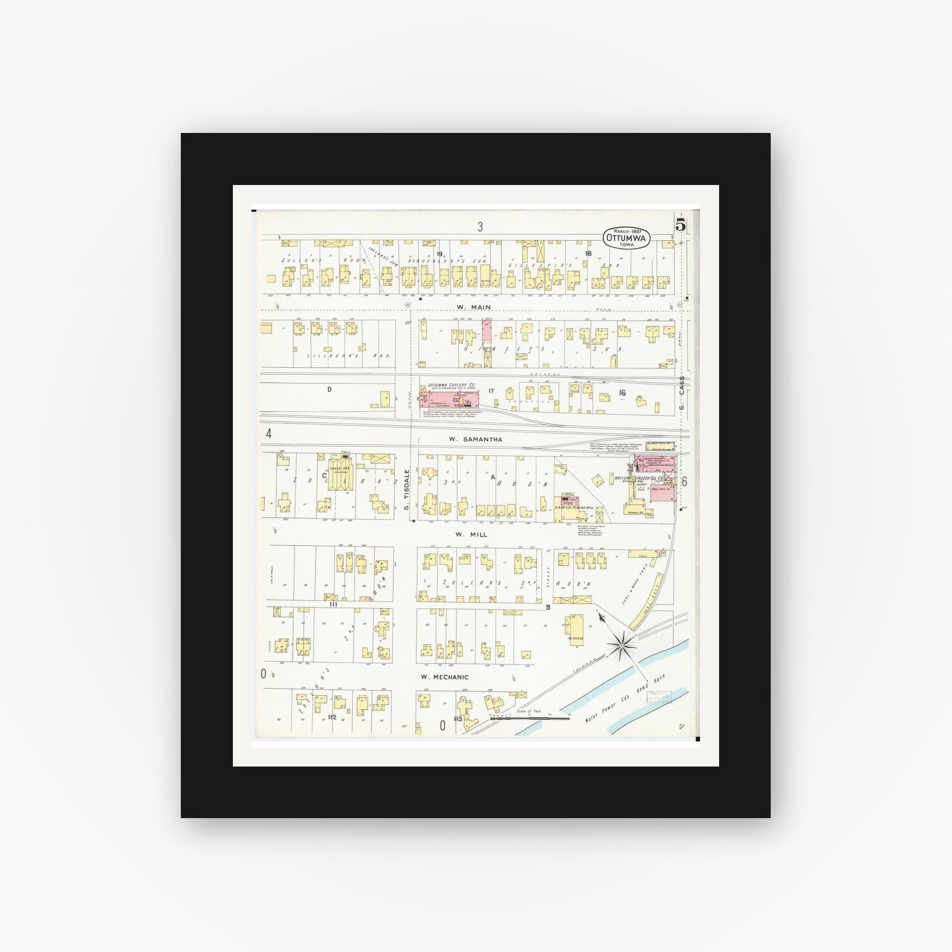 Old map wall art mockup — black gallery frame with white mat — Sanborn Fire Insurance Map from Ottumwa, Wapello County, Iowa (1897), Sheet #0005
