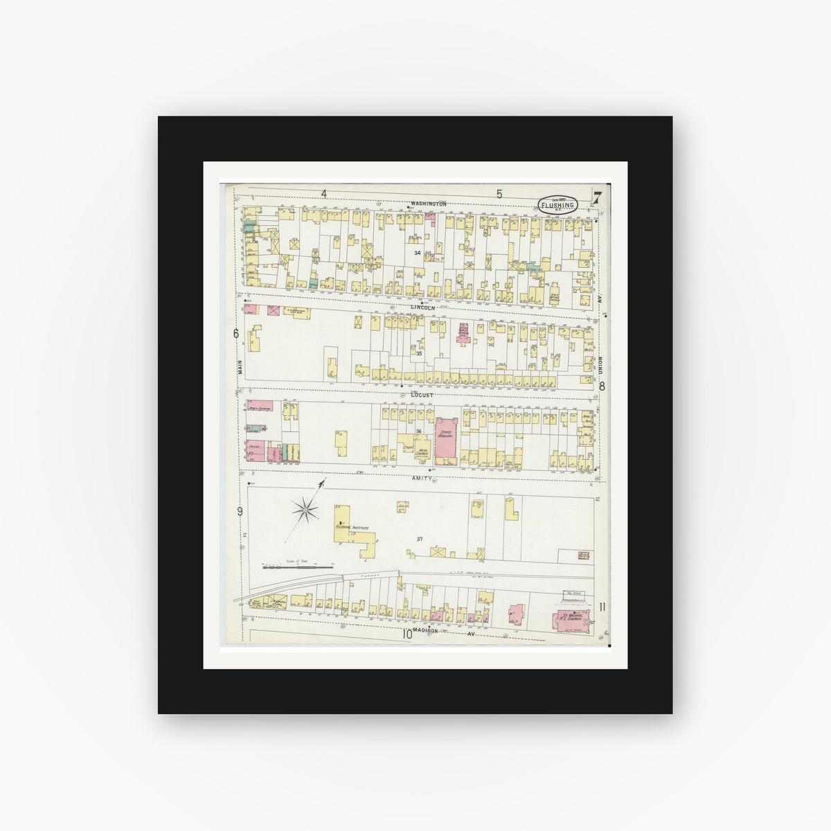 Old map wall art mockup — black gallery frame with white mat — Sanborn Fire Insurance Map from Flushing, Queens County, New York (1897), Sheet #0007