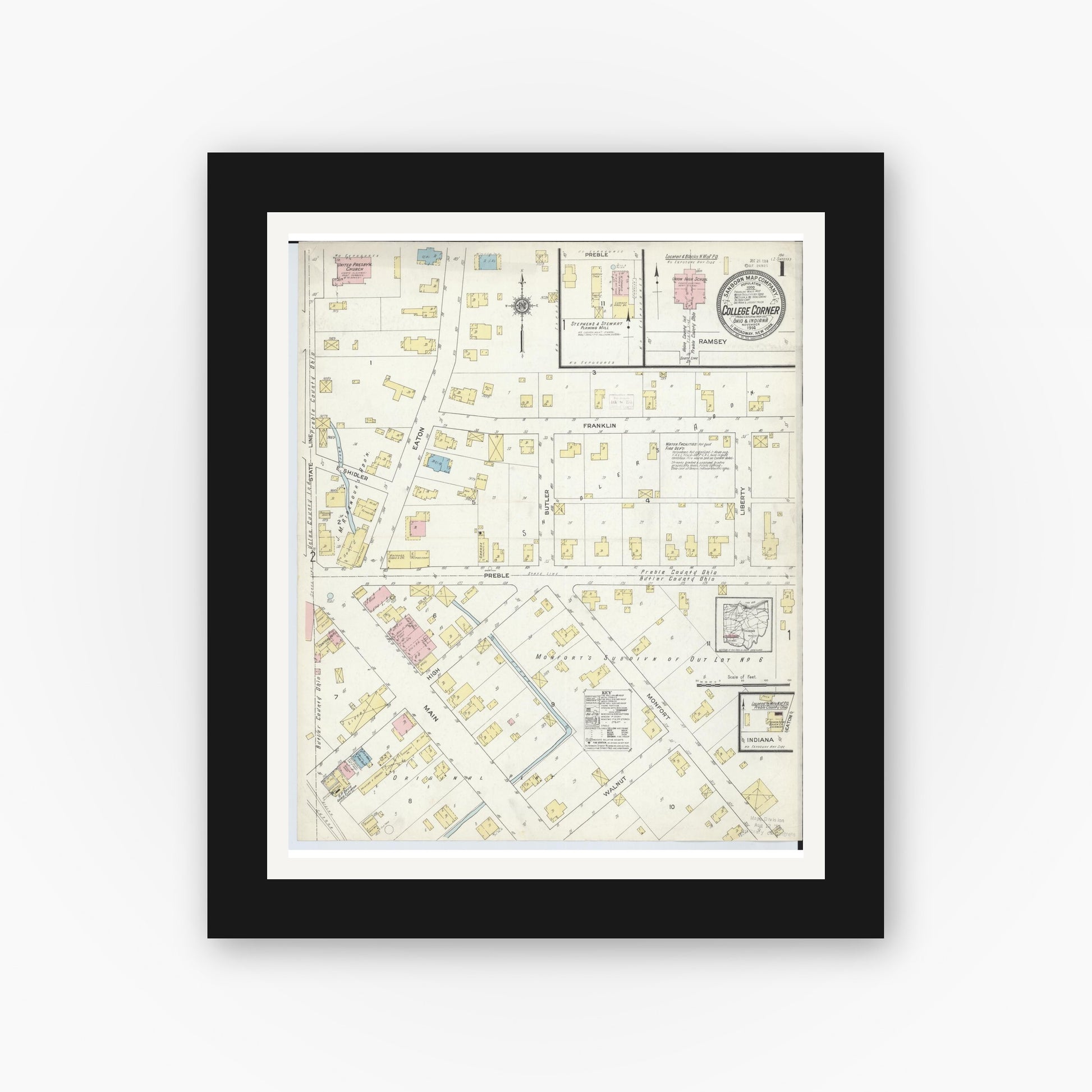 Old map wall art mockup — black gallery frame with white mat — Sanborn Fire Insurance Map from College Corner, Preble And Butler, Ohio (1914), Sheet #0001