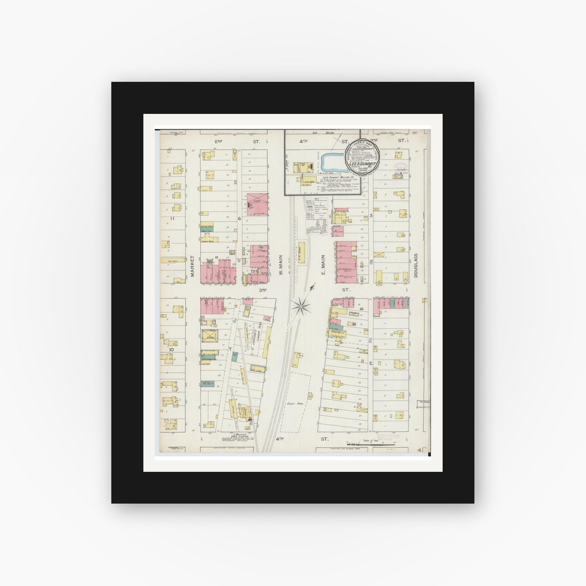 Old map wall art mockup — black gallery frame with white mat — Sanborn Fire Insurance Map from Lee's Summit, Jackson County, Missouri (1893), Sheet #0001