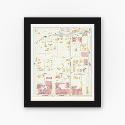 Old map wall art mockup — black gallery frame with white mat — Sanborn Fire Insurance Map from Tyler, Smith County, Texas (1898), Sheet #0004