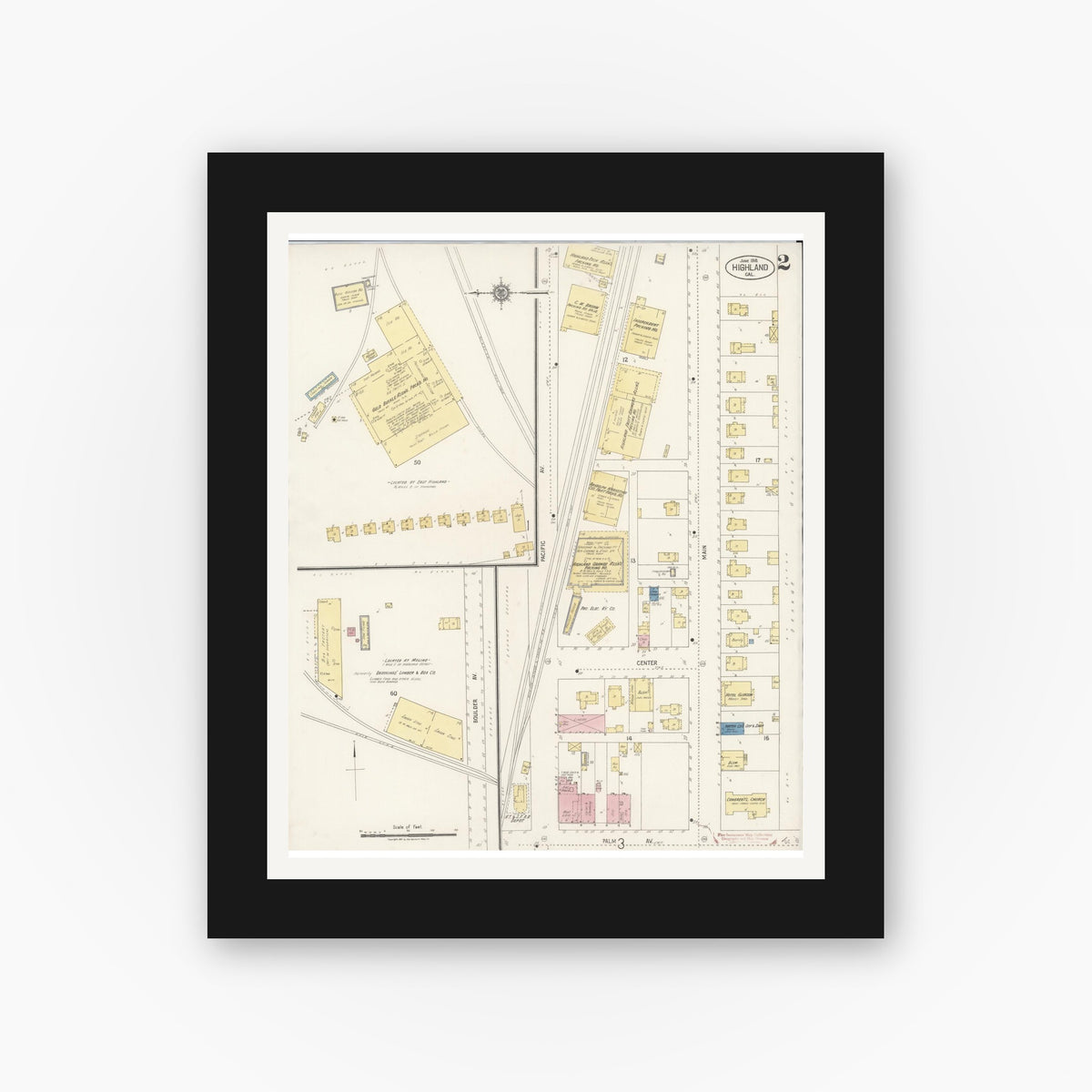 Old map wall art mockup — black gallery frame with white mat — Sanborn Fire Insurance Map from Highland, San Bernardino County, California (1918), Sheet #0002