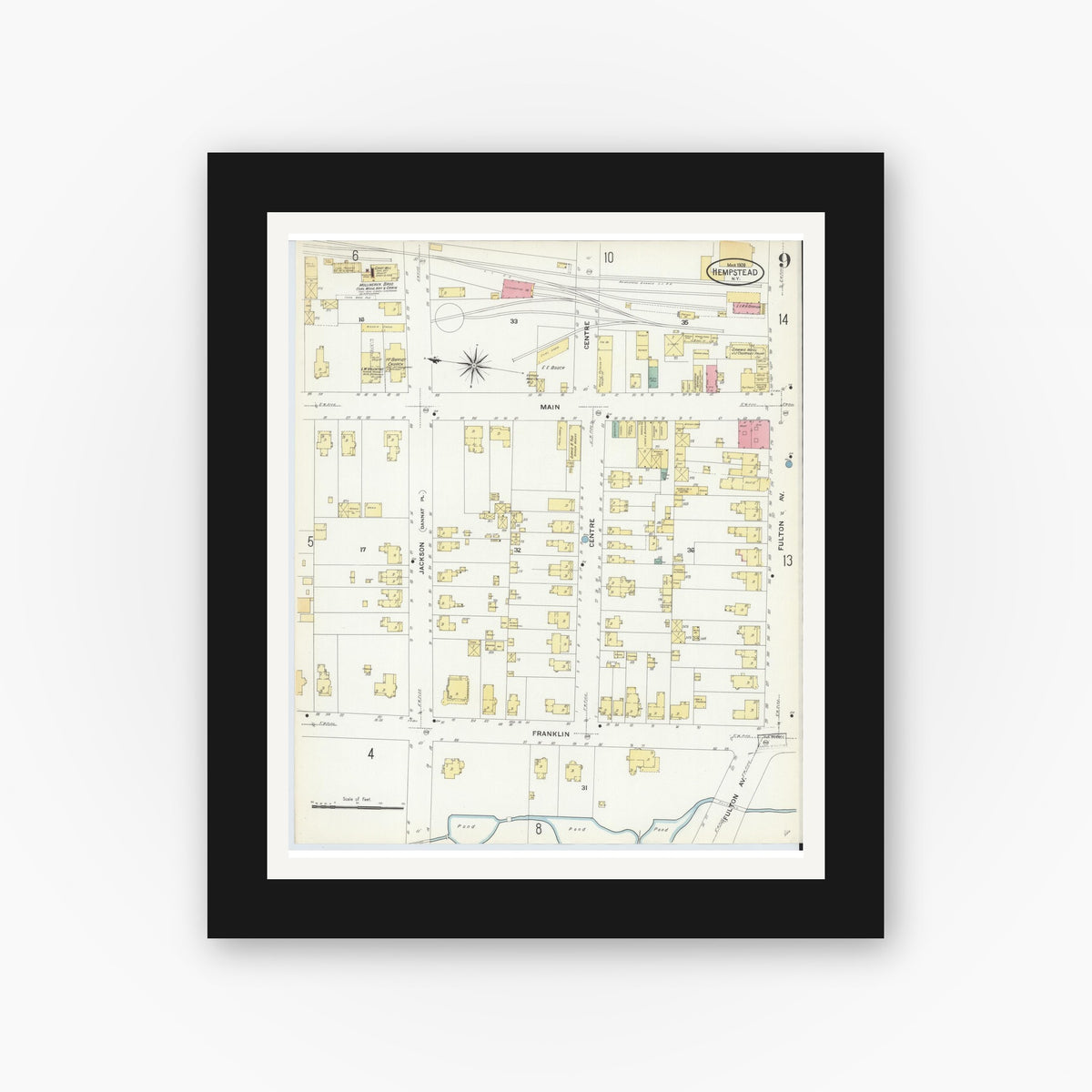 Old map wall art mockup — black gallery frame with white mat — Sanborn Fire Insurance Map from Hempstead, Nassau County, New York (1909), Sheet #0009