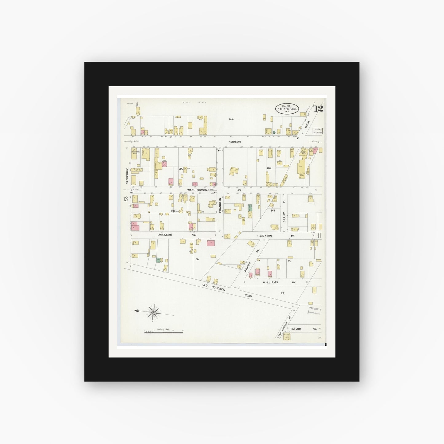Old map wall art mockup — black gallery frame with white mat — Sanborn Fire Insurance Map from Hackensack, Bergen County, New Jersey (1908), Sheet #0012