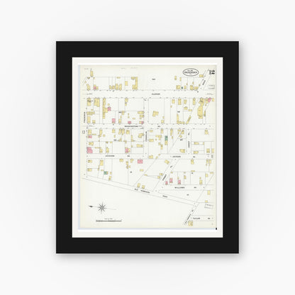 Old map wall art mockup — black gallery frame with white mat — Sanborn Fire Insurance Map from Hackensack, Bergen County, New Jersey (1908), Sheet #0012