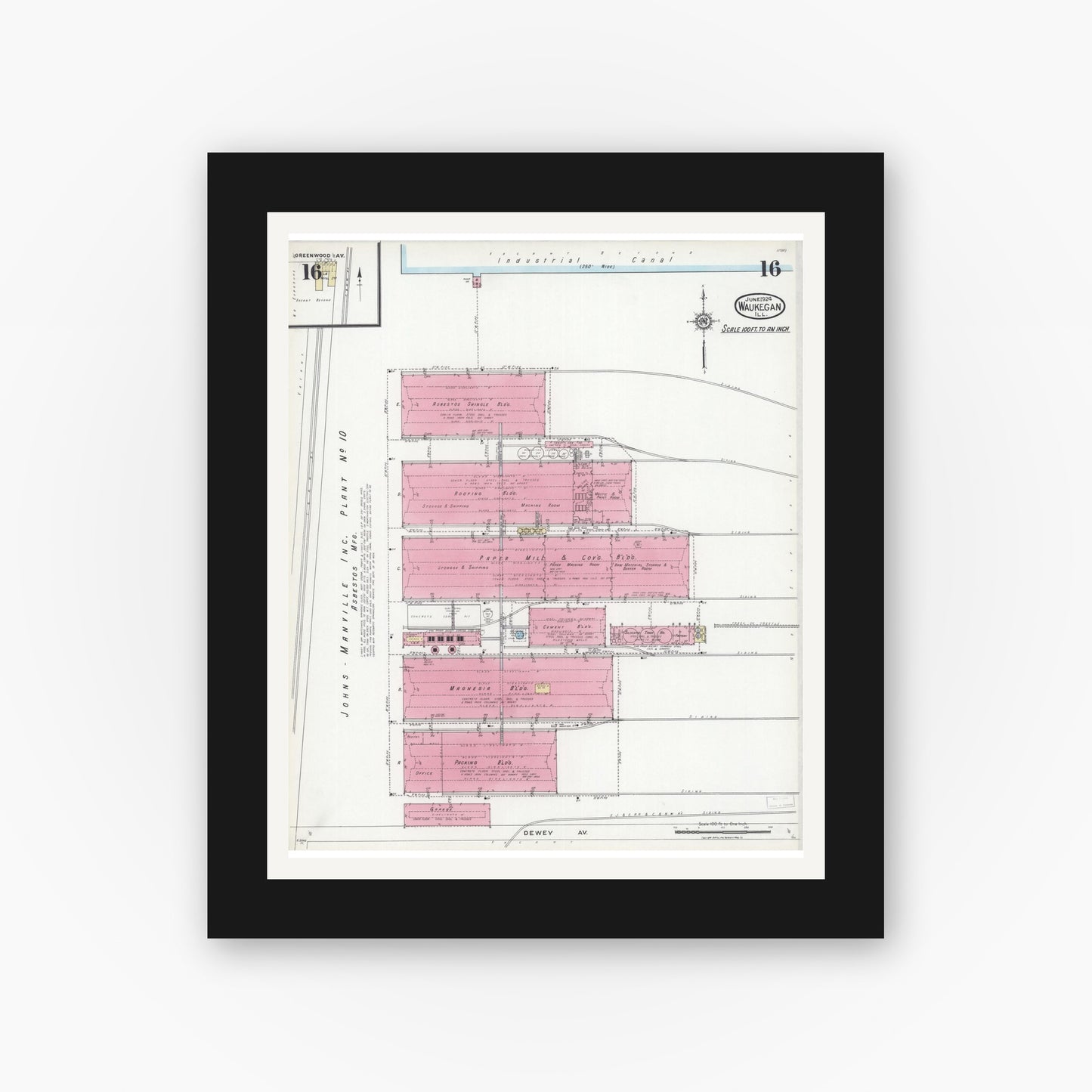 Old map wall art mockup — black gallery frame with white mat — Sanborn Fire Insurance Map from Waukegan, Lake County, Illinois (1924), Sheet #0016