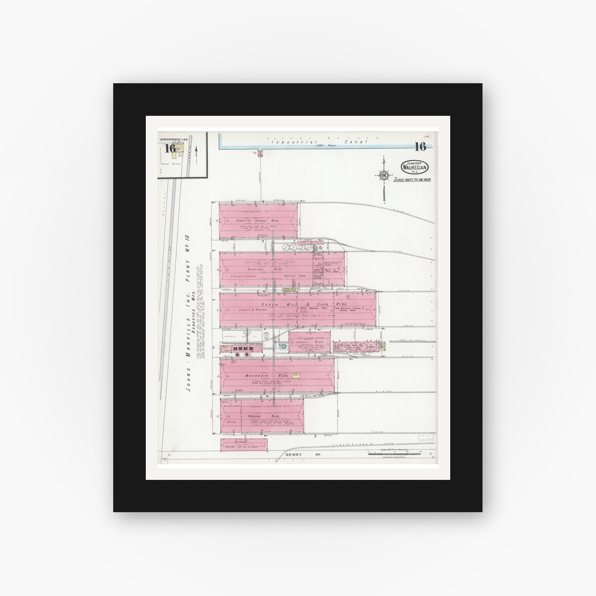 Old map wall art mockup — black gallery frame with white mat — Sanborn Fire Insurance Map from Waukegan, Lake County, Illinois (1924), Sheet #0016
