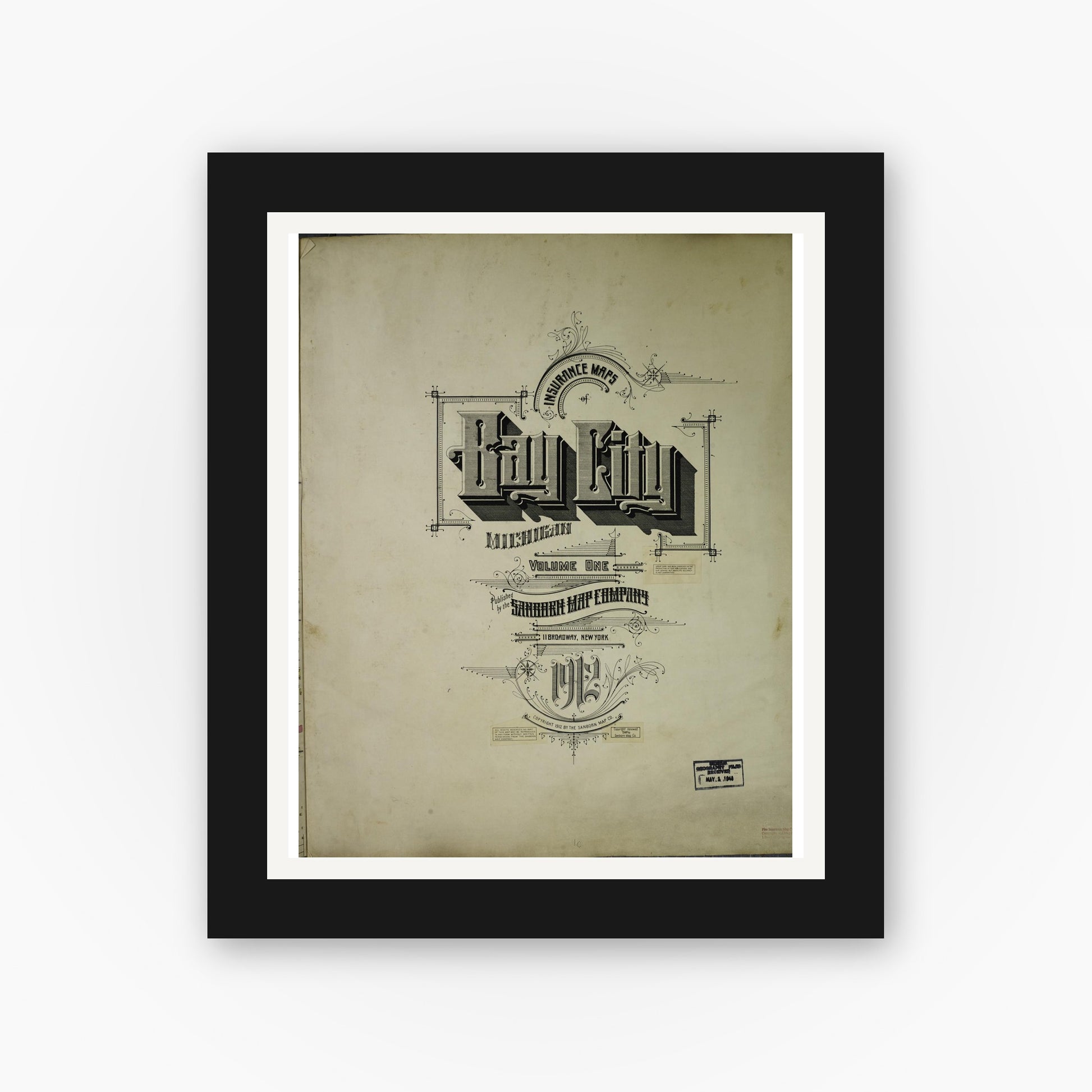 Old map wall art mockup — black gallery frame with white mat — Sanborn Fire Insurance Map from Bay City, Bay County, Michigan (1950), Sheet #0001