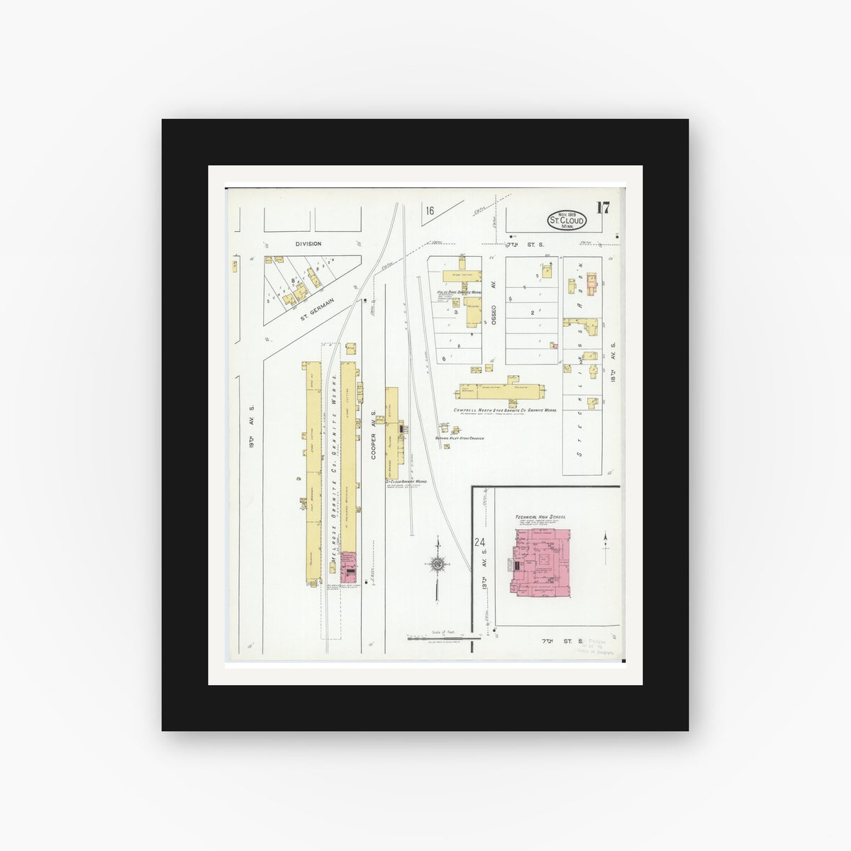 Old map wall art mockup — black gallery frame with white mat — Sanborn Fire Insurance Map from Saint Cloud, Stearns, Benton, and Sherburne Counties, Minnesota (1919), Sheet #0017