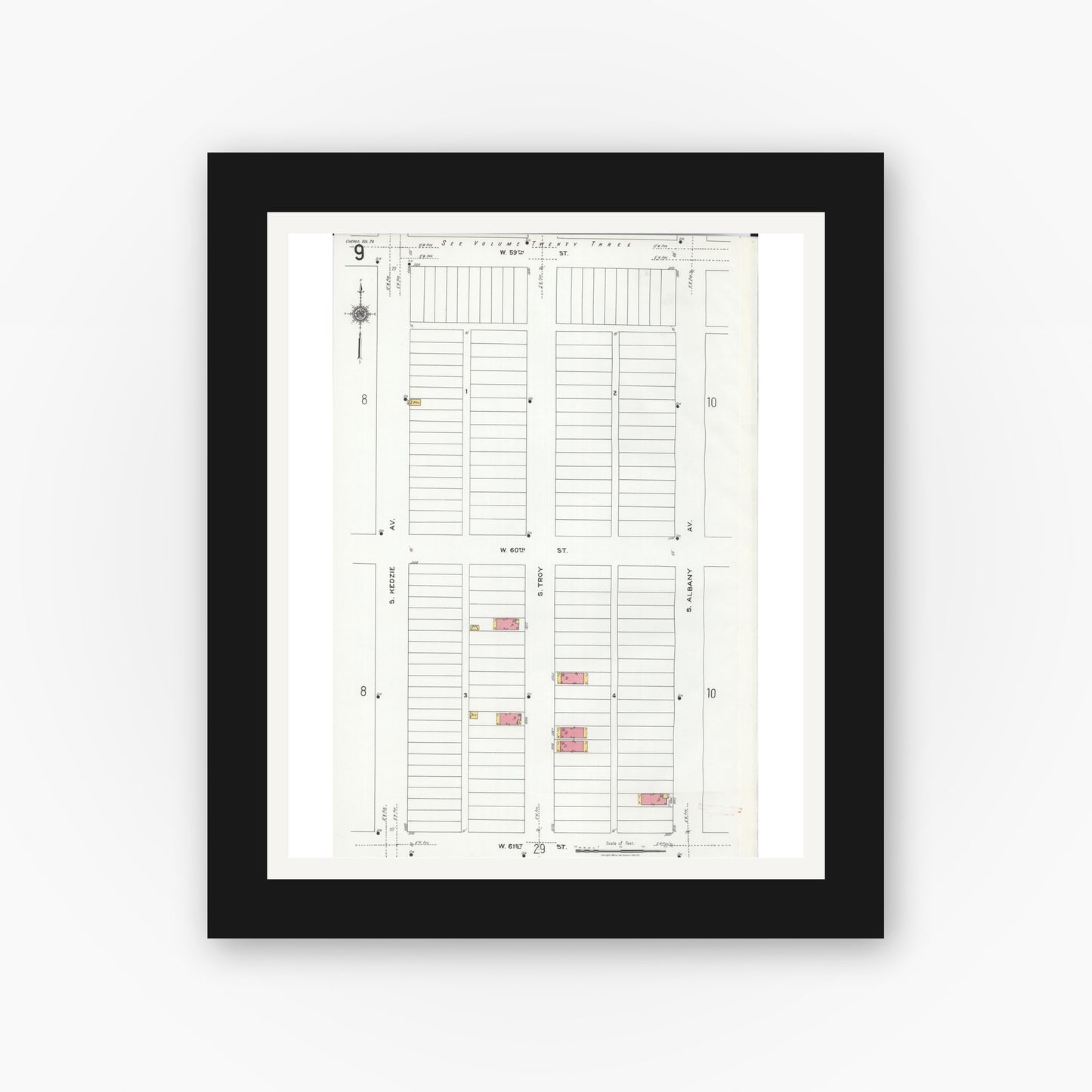 Old map wall art mockup — black gallery frame with white mat — Sanborn Fire Insurance Map from Chicago, Cook County, Illinois (1920), Sheet #0009