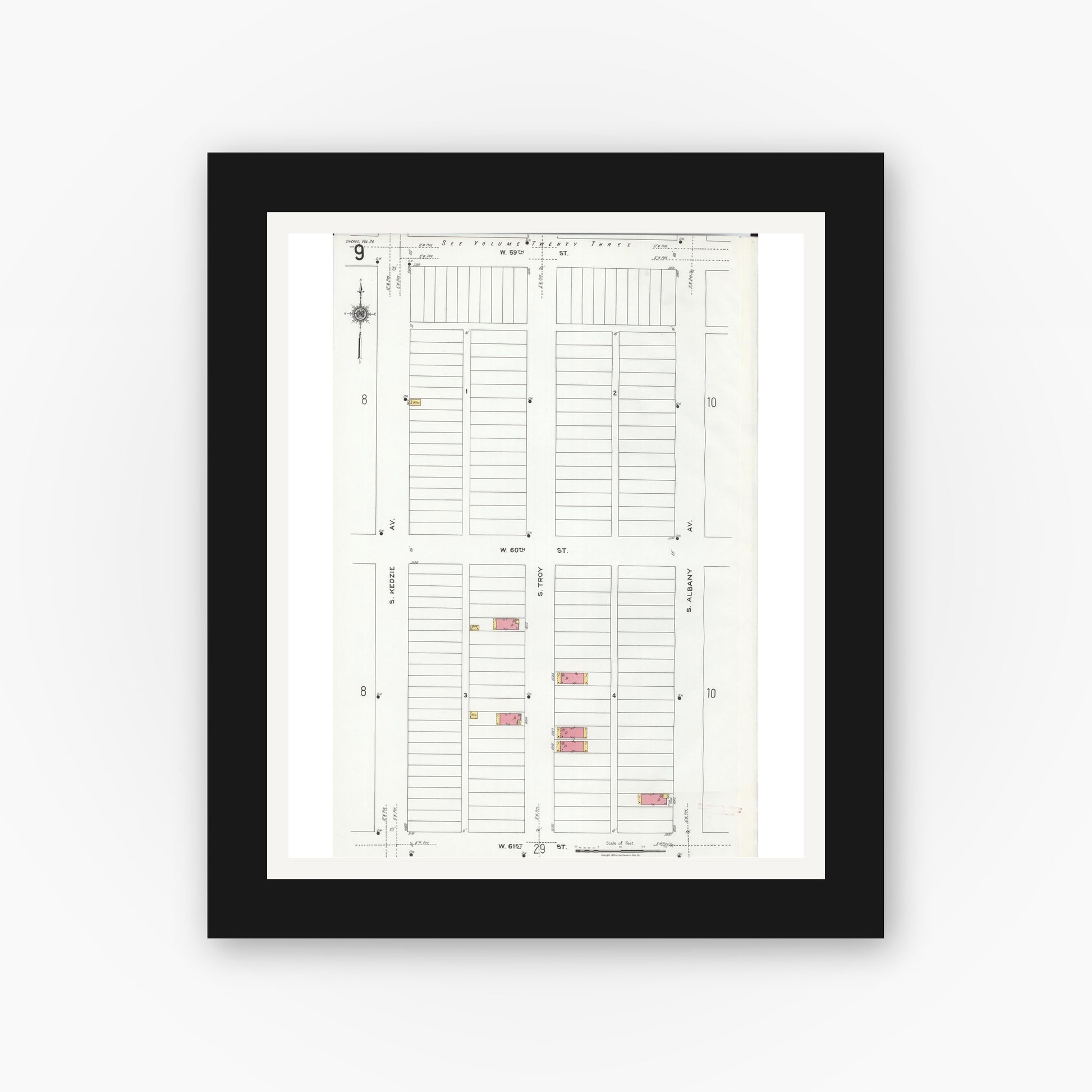 Old map wall art mockup — black gallery frame with white mat — Sanborn Fire Insurance Map from Chicago, Cook County, Illinois (1920), Sheet #0009