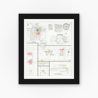 Old map wall art mockup — black gallery frame with white mat — Sanborn Fire Insurance Map from Roscoe, Nolan County, Texas (1927), Sheet #0001