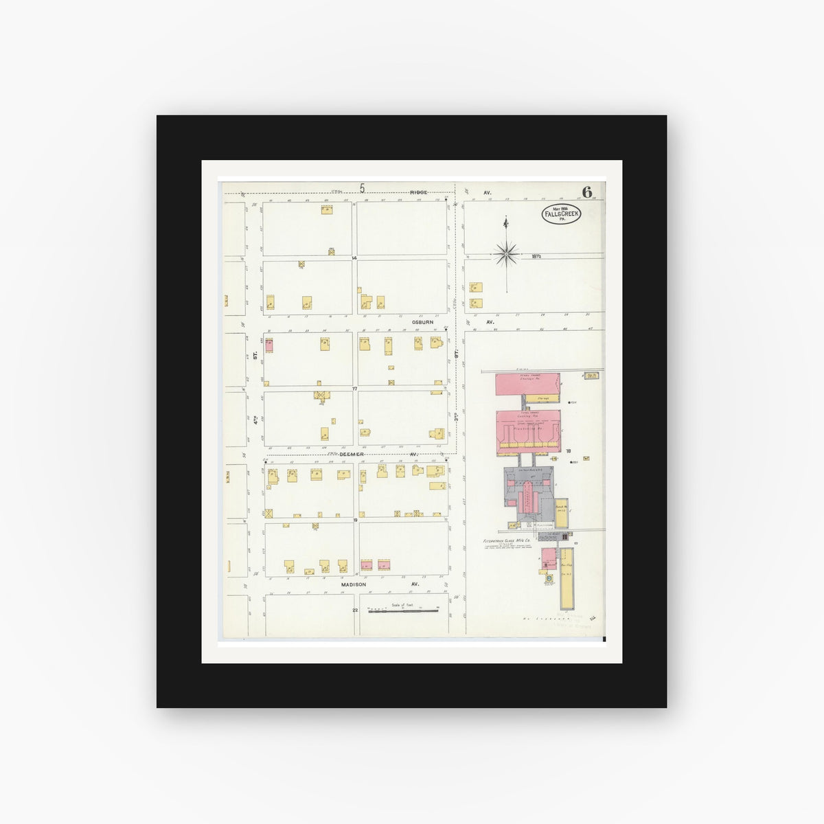 Old map wall art mockup — black gallery frame with white mat — Sanborn Fire Insurance Map from Falls Creek, Jefferson And Clearfield Counties, Pennsylvania (1906), Sheet #0006