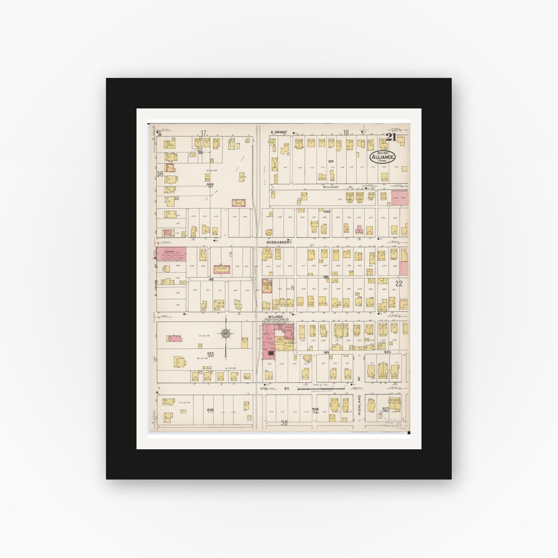 Old map wall art mockup — black gallery frame with white mat — Sanborn Fire Insurance Map from Alliance, Stark County, Ohio (1921), Sheet #0021