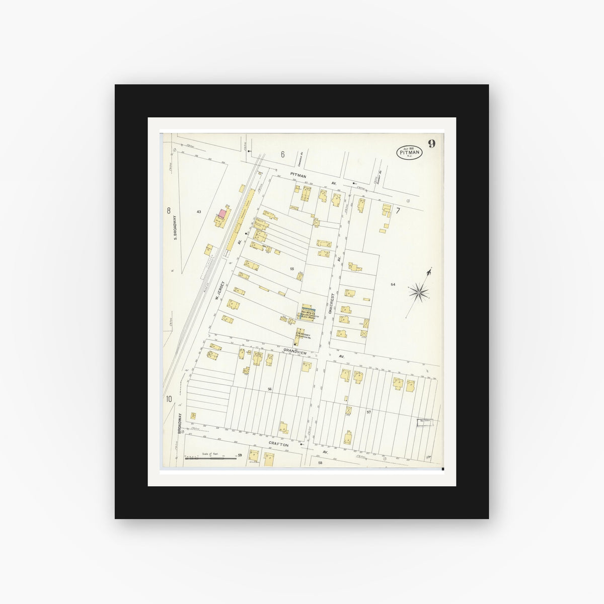 Old map wall art mockup — black gallery frame with white mat — Sanborn Fire Insurance Map from Pitman, Gloucester County, New Jersey (1908), Sheet #0009