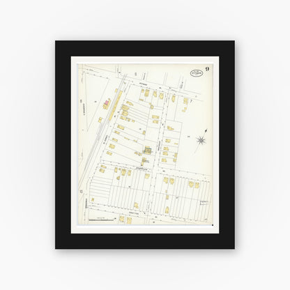 Old map wall art mockup — black gallery frame with white mat — Sanborn Fire Insurance Map from Pitman, Gloucester County, New Jersey (1908), Sheet #0009