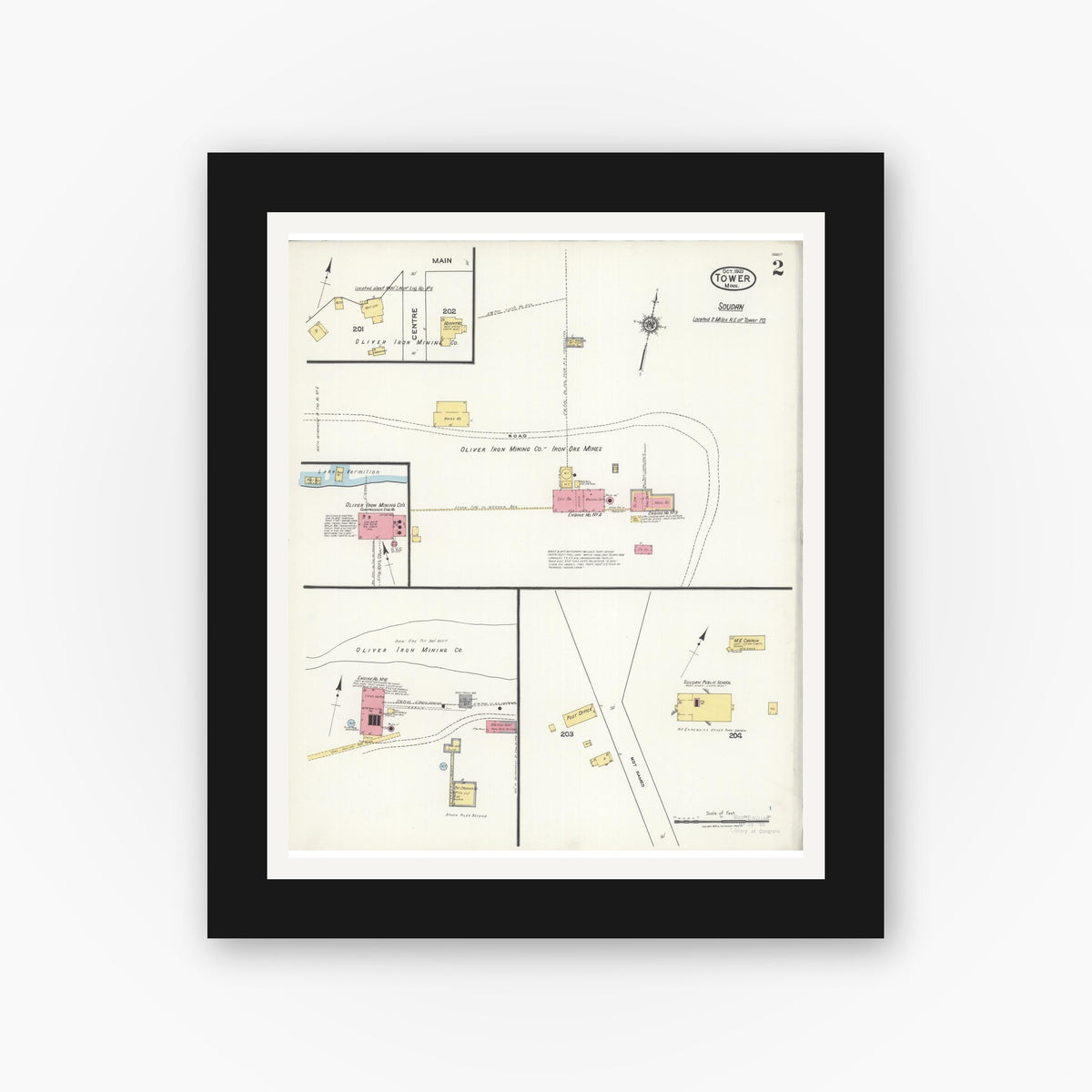 Old map wall art mockup — black gallery frame with white mat — Sanborn Fire Insurance Map from Tower, Saint Louis County, Minnesota (1921), Sheet #0002