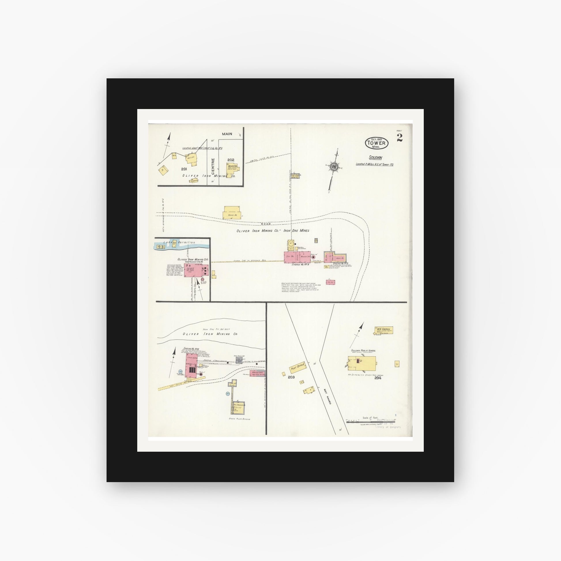 Old map wall art mockup — black gallery frame with white mat — Sanborn Fire Insurance Map from Tower, Saint Louis County, Minnesota (1921), Sheet #0002