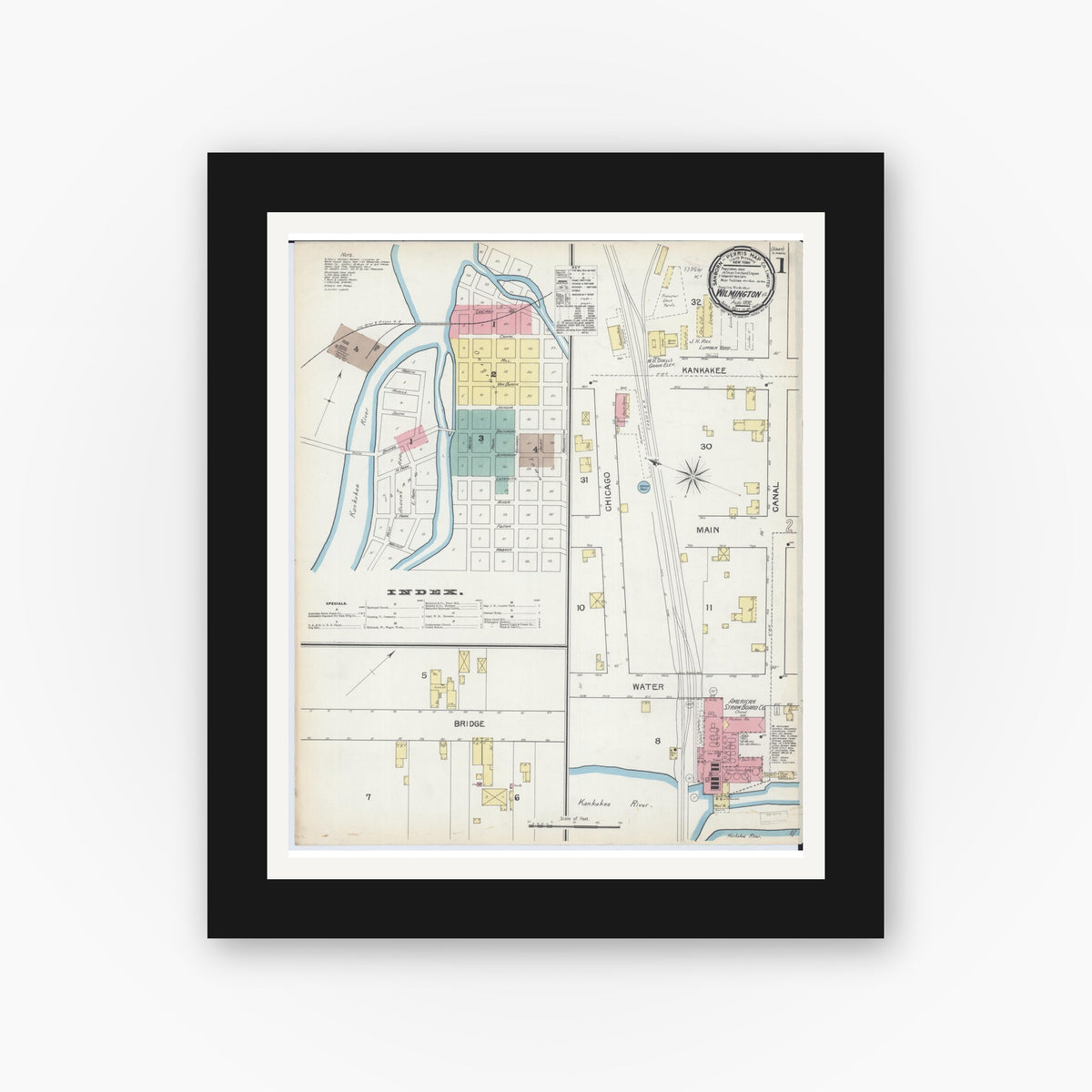Old map wall art mockup — black gallery frame with white mat — Sanborn Fire Insurance Map from Wilmington, Will County, Illinois (1892) - Complete Map Set