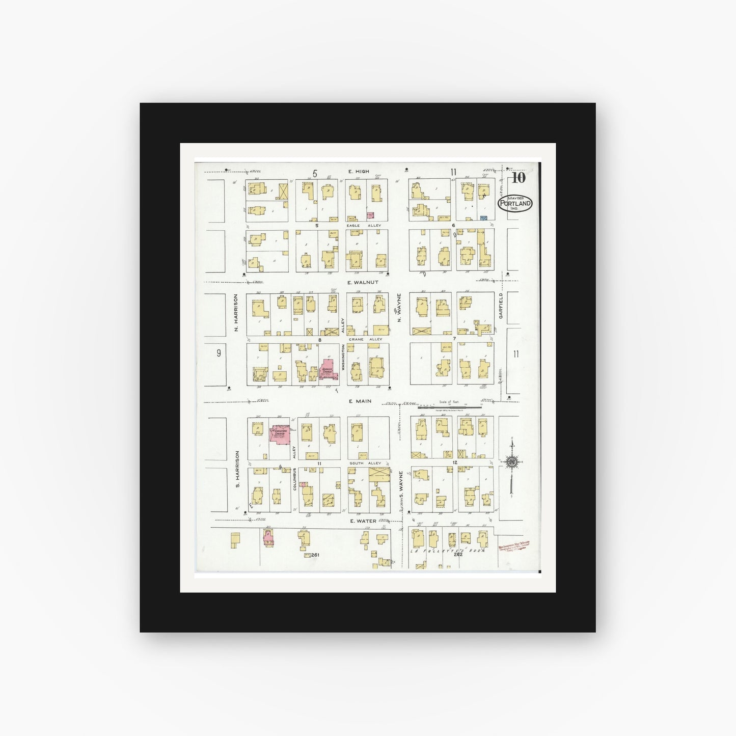 Old map wall art mockup — black gallery frame with white mat — Sanborn Fire Insurance Map from Portland, Jay County, Indiana (1920), Sheet #0010