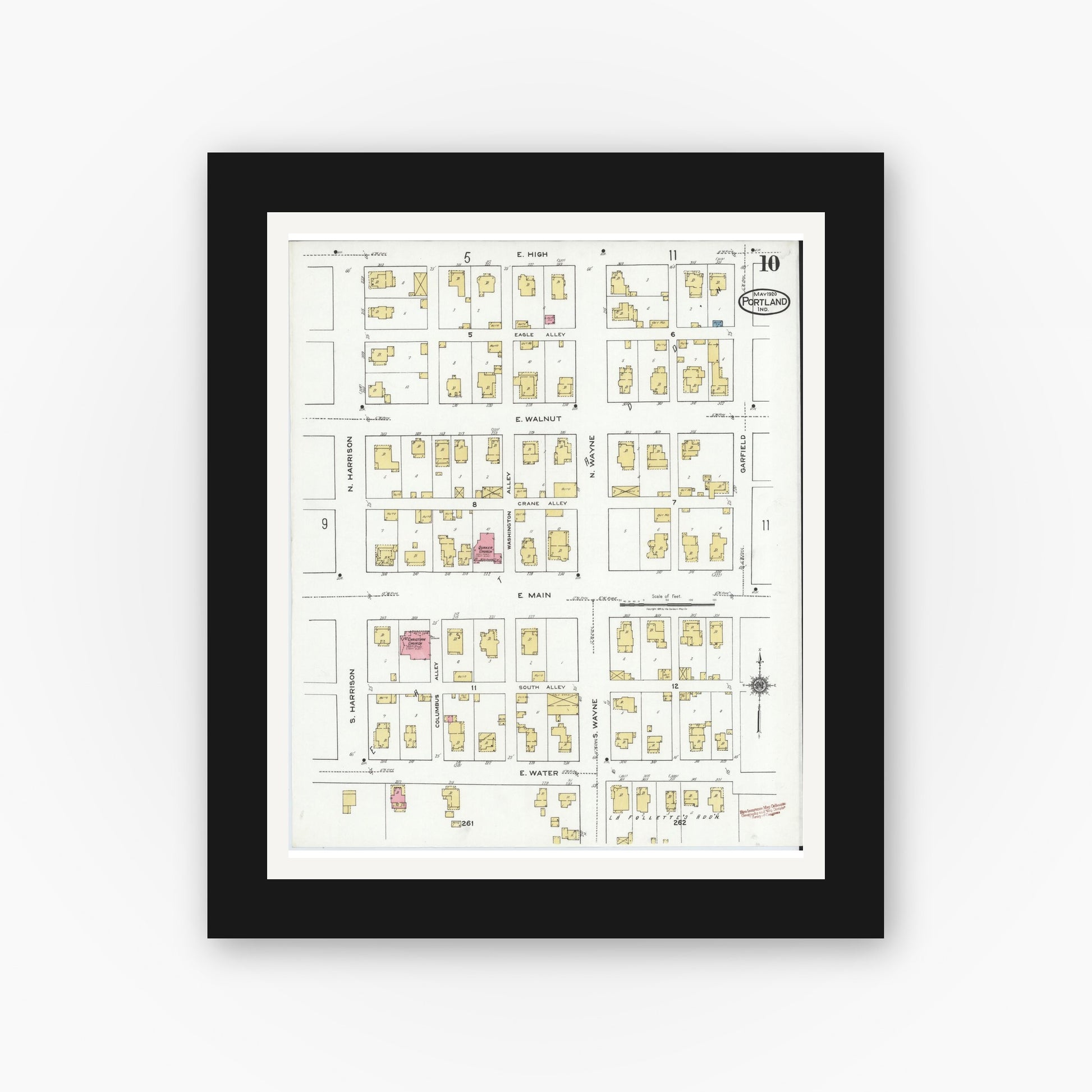 Old map wall art mockup — black gallery frame with white mat — Sanborn Fire Insurance Map from Portland, Jay County, Indiana (1920), Sheet #0010