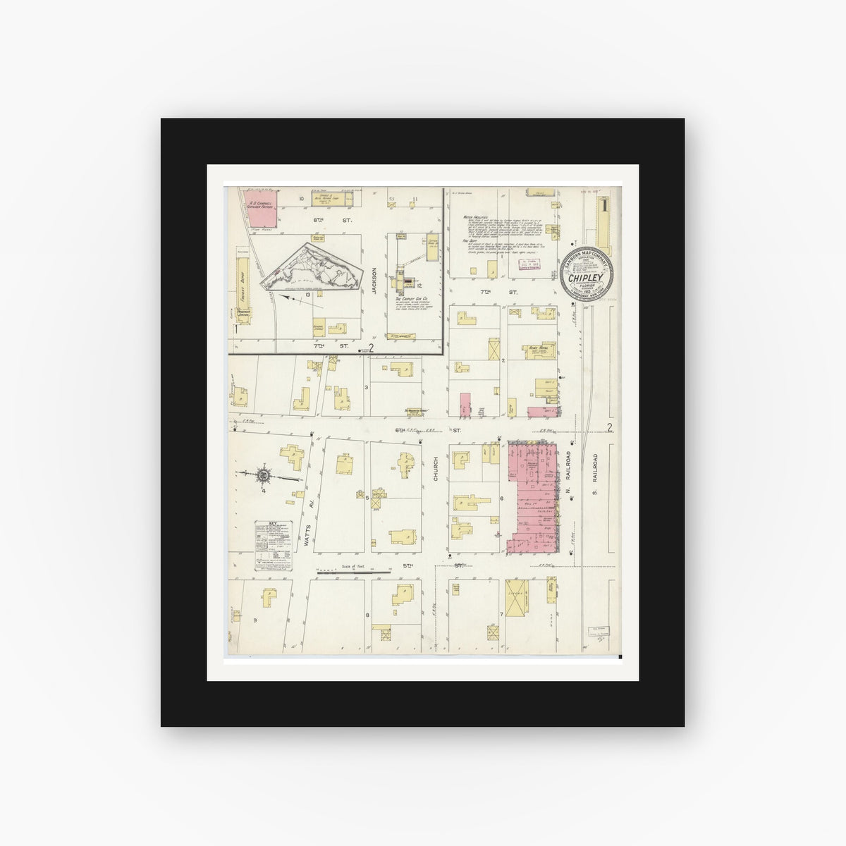 Old map wall art mockup — black gallery frame with white mat — Sanborn Fire Insurance Map from Chipley, Washington County, Florida (1913) - Complete Map Set