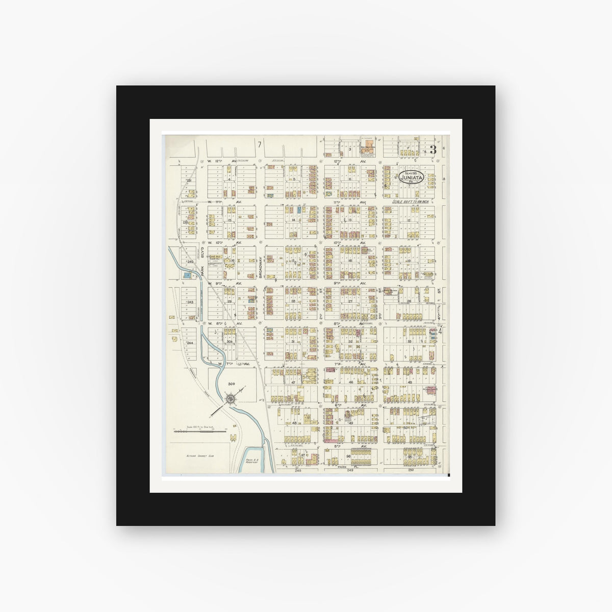 Old map wall art mockup — black gallery frame with white mat — Sanborn Fire Insurance Map from Juniata, Blair County, Pennsylvania (1915), Sheet #0003