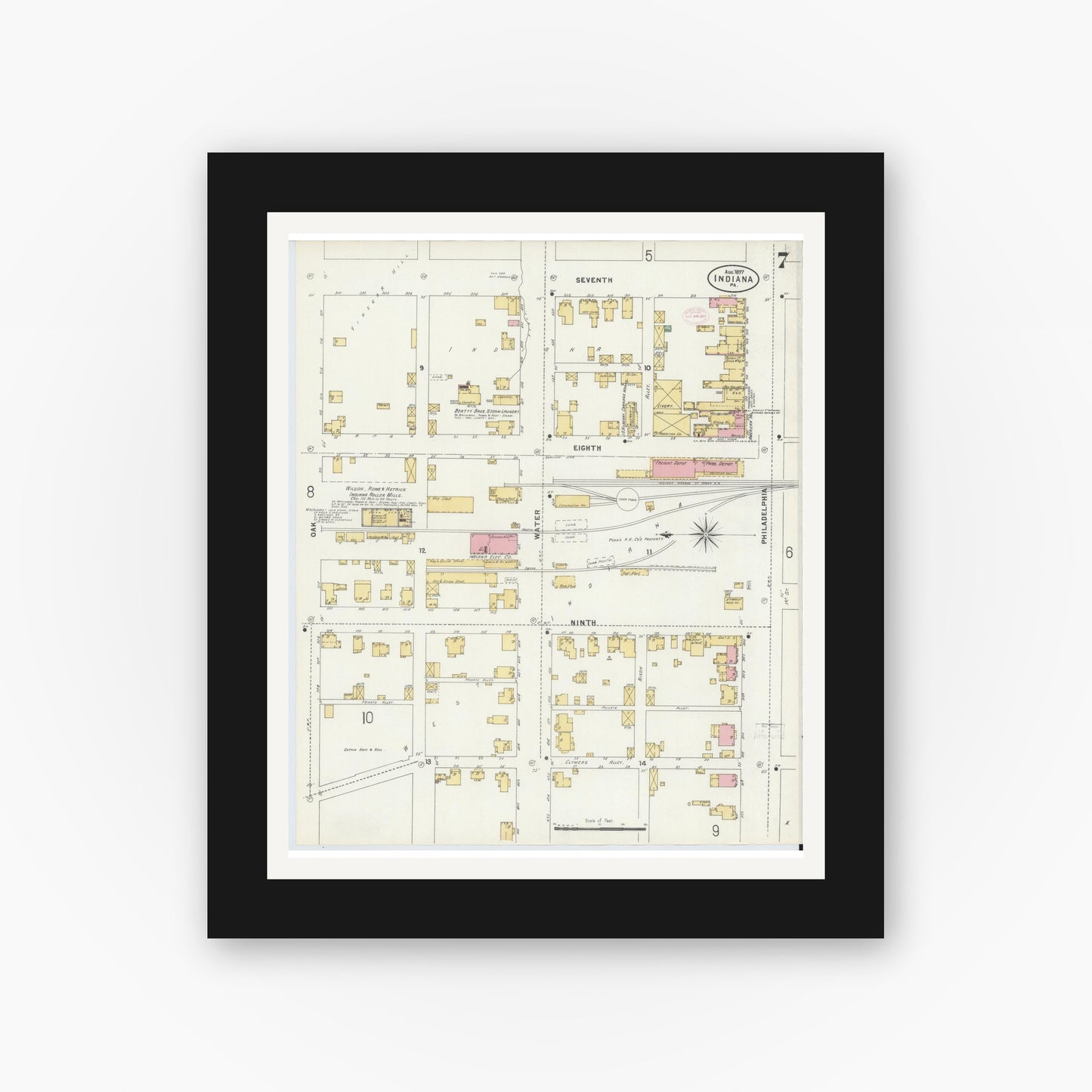 Old map wall art mockup — black gallery frame with white mat — Sanborn Fire Insurance Map from Indiana, Indiana County, Pennsylvania (1888), Sheet #0007