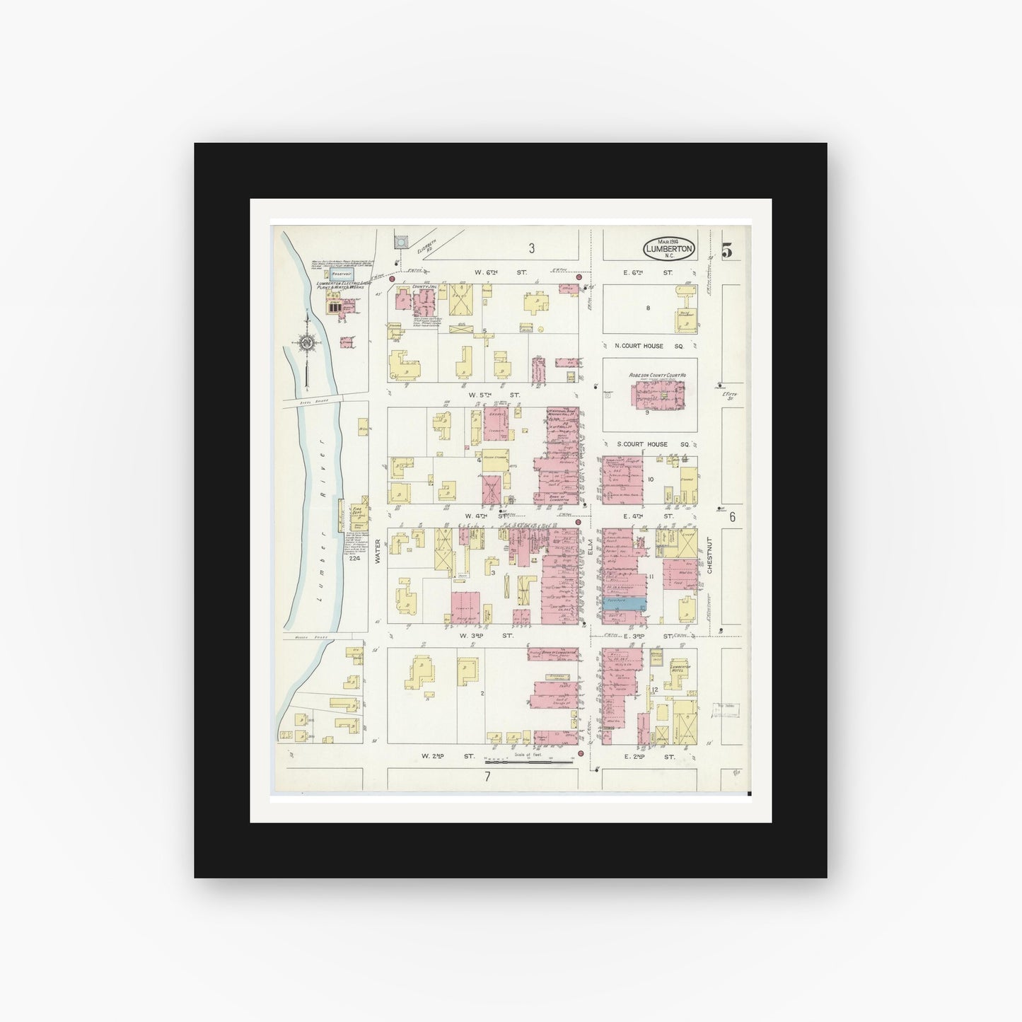 Old map wall art mockup — black gallery frame with white mat — Sanborn Fire Insurance Map from Lumberton, Robeson County, North Carolina (1914), Sheet #0005