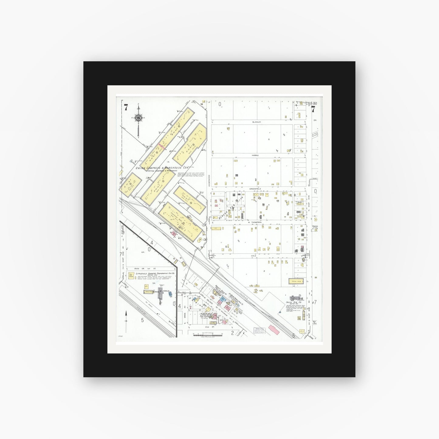 Old map wall art mockup — black gallery frame with white mat — Sanborn Fire Insurance Map from Littlefield, Lamb County, Texas (1950), Sheet #0007