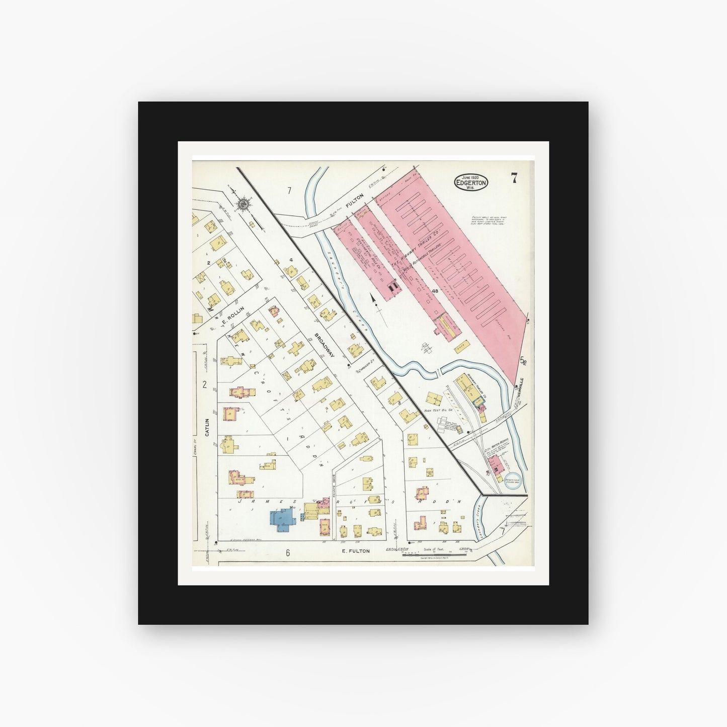 Old map wall art mockup — black gallery frame with white mat — Sanborn Fire Insurance Map from Edgerton, Rock County, Wisconsin (1920), Sheet #0007