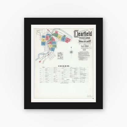 Old map wall art mockup — black gallery frame with white mat — Sanborn Fire Insurance Map from Clearfield, Clearfield County, Pennsylvania (1904) - Complete Map Set