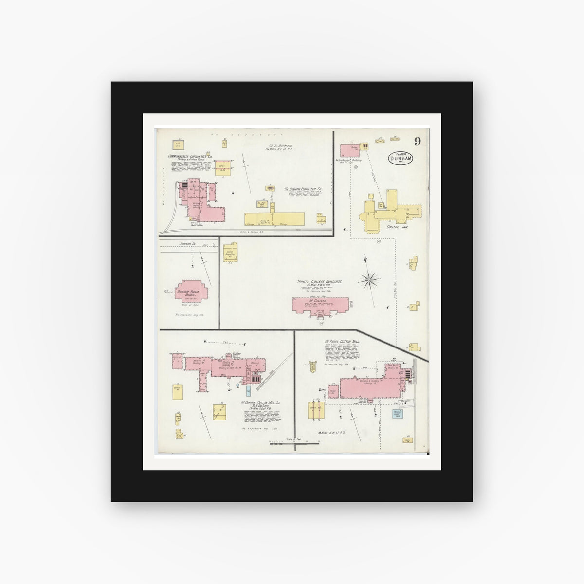 Old map wall art mockup — black gallery frame with white mat — Sanborn Fire Insurance Map from Durham, Durham County, North Carolina (1898), Sheet #0009