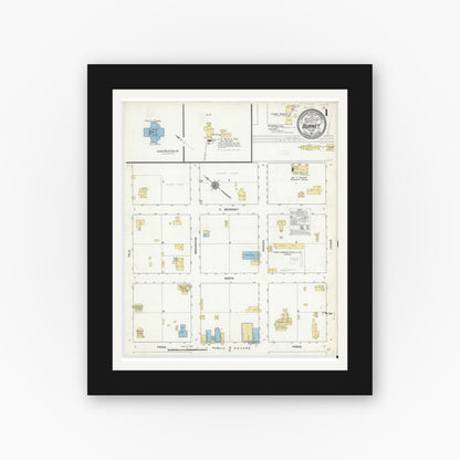 Old map wall art mockup — black gallery frame with white mat — Sanborn Fire Insurance Map from Burnet, Burnet County, Texas (1912), Sheet #0001