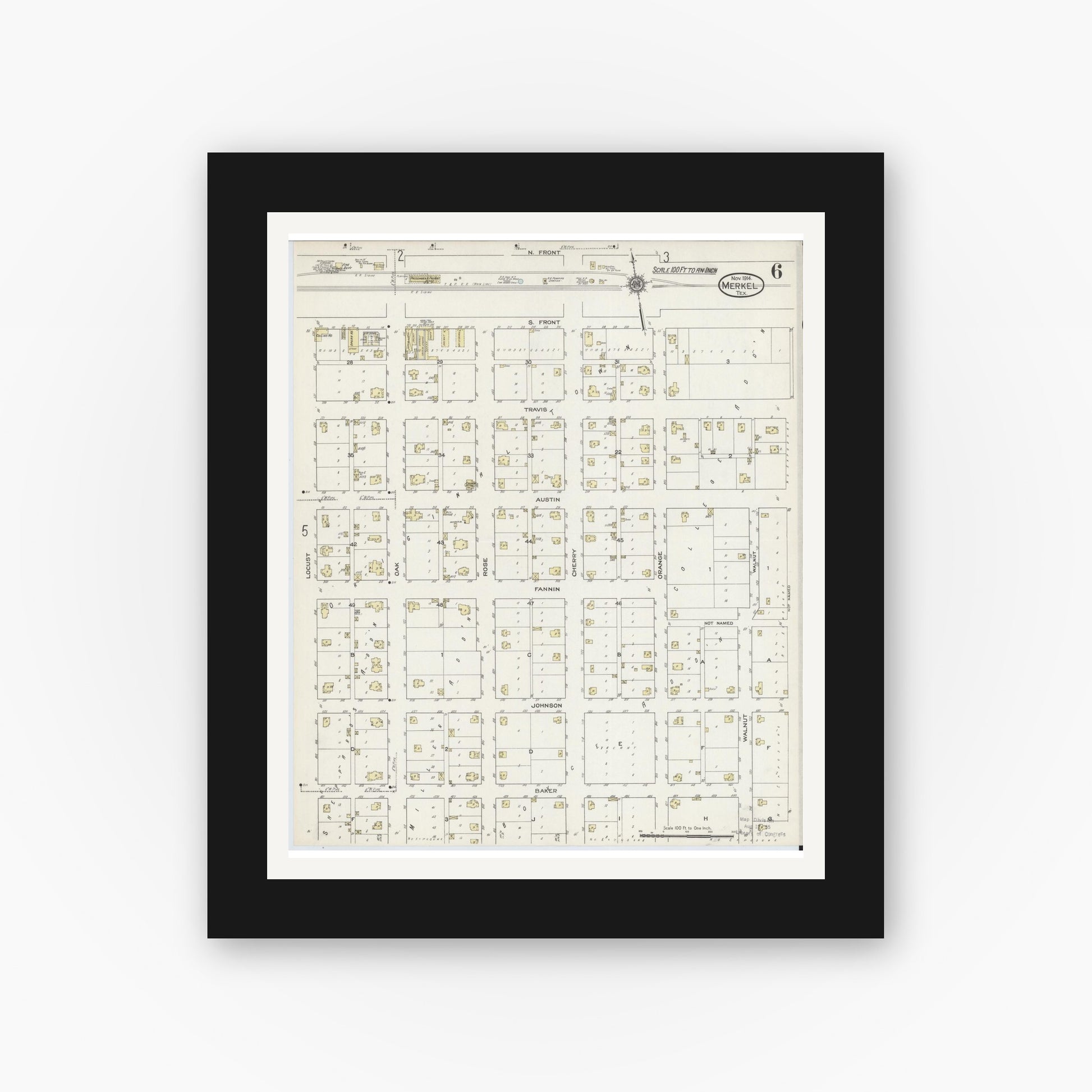 Old map wall art mockup — black gallery frame with white mat — Sanborn Fire Insurance Map from Merkel, Taylor County, Texas (1914), Sheet #0006