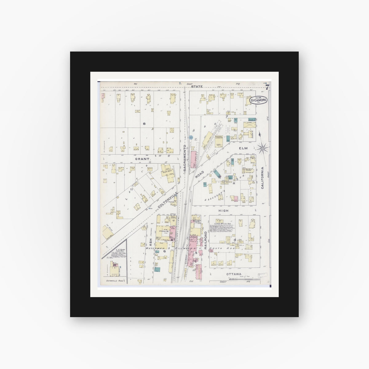 Old map wall art mockup — black gallery frame with white mat — Sanborn Fire Insurance Map from Sycamore, De Kalb County, Illinois (1891), Sheet #0007