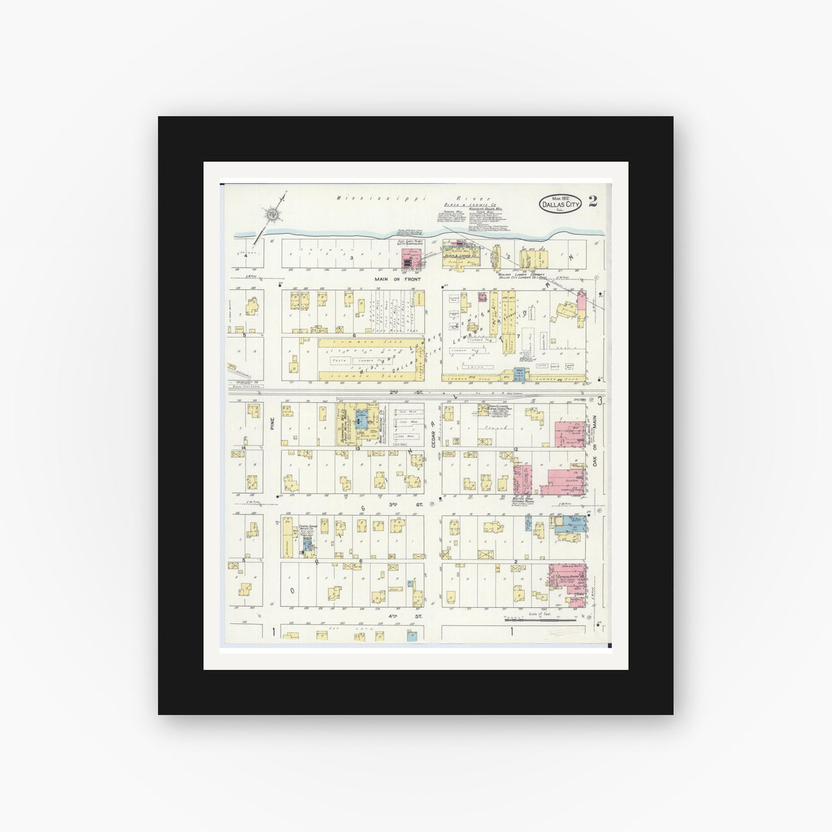 Old map wall art mockup — black gallery frame with white mat — Sanborn Fire Insurance Map from Dallas City, Hancock County, Illinois (1912), Sheet #0002