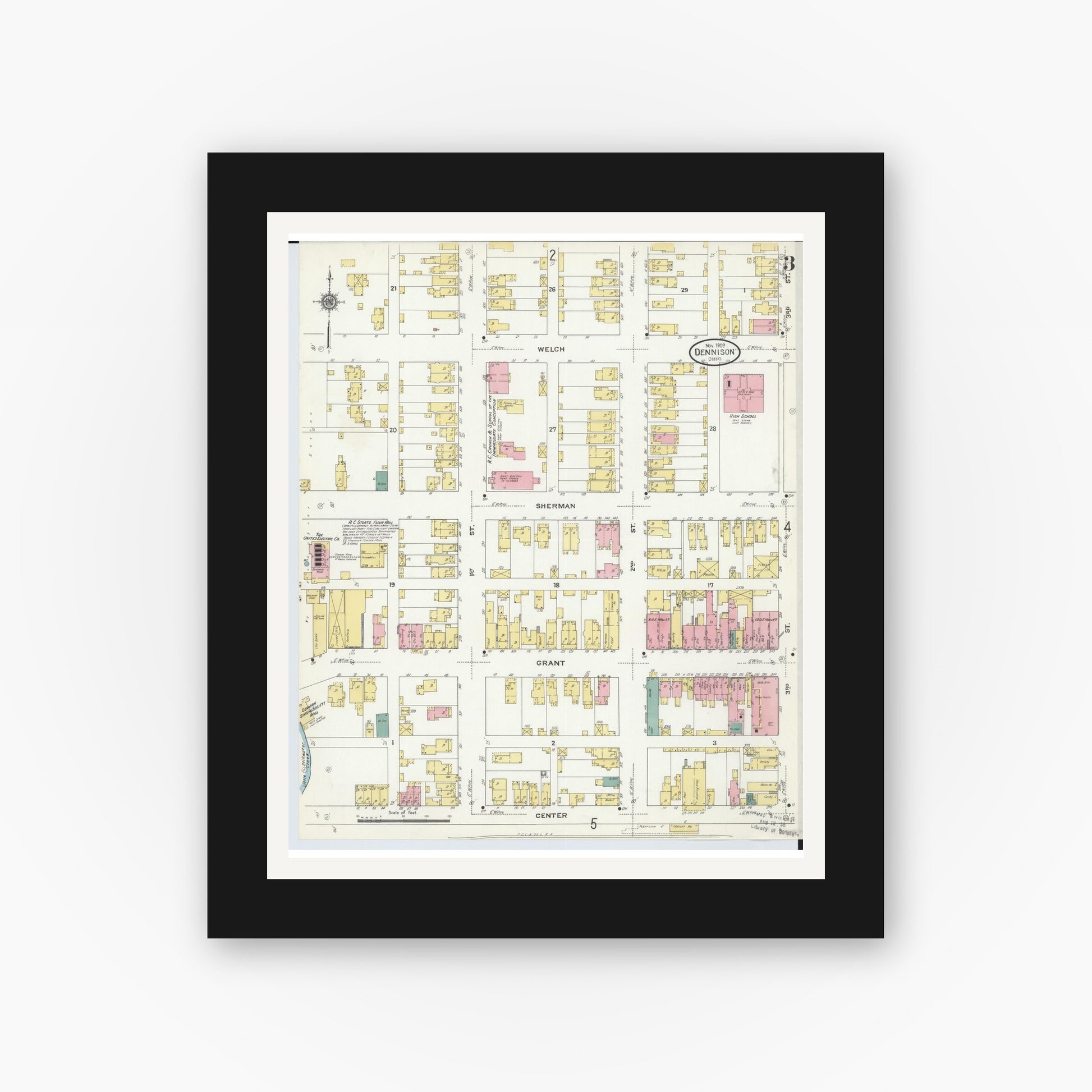 Old map wall art mockup — black gallery frame with white mat — Sanborn Fire Insurance Map from Dennison, Tuscarawas County, Ohio (1909), Sheet #0003