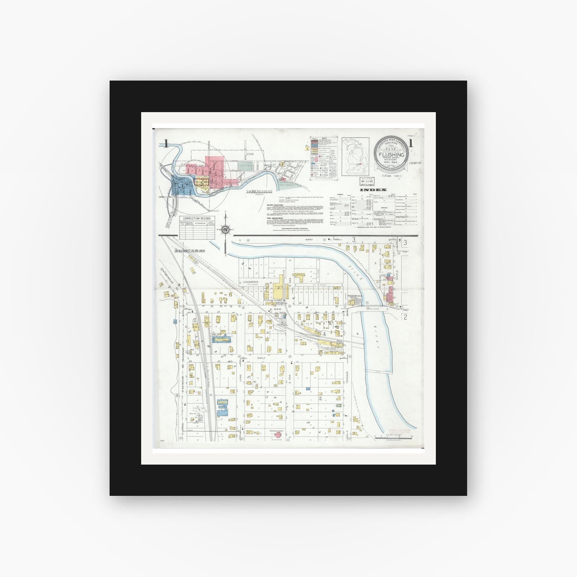 Old map wall art mockup — black gallery frame with white mat — Sanborn Fire Insurance Map from Flushing, Genesee County, Michigan (1934), Sheet #0001