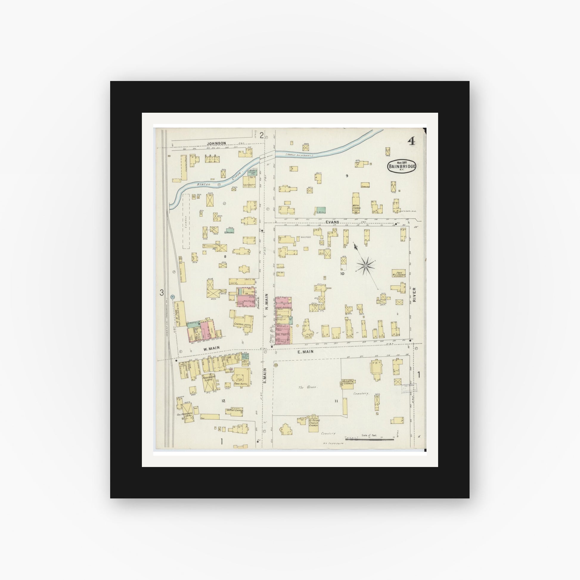 Old map wall art mockup — black gallery frame with white mat — Sanborn Fire Insurance Map from Bainbridge, Chenango County, New York (1897), Sheet #0004