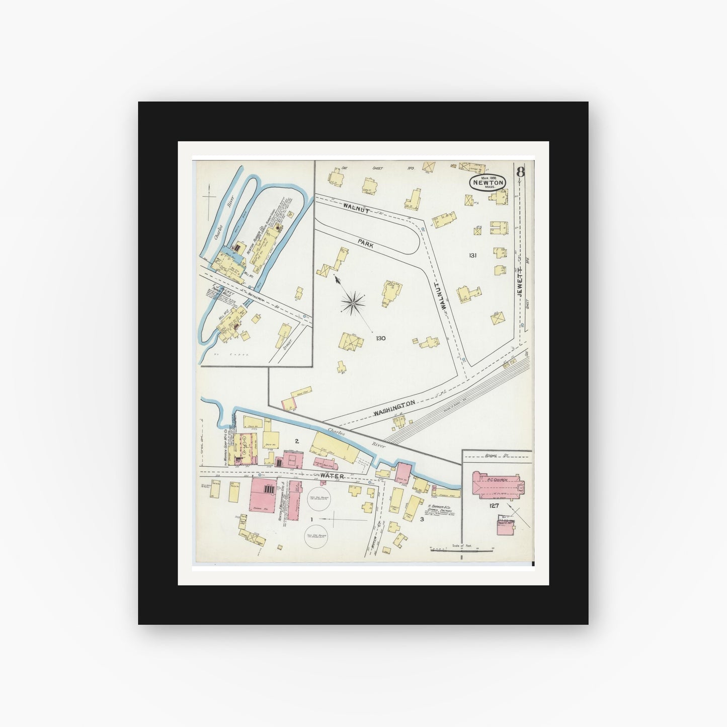 Old map wall art mockup — black gallery frame with white mat — Sanborn Fire Insurance Map from Newton, Middlesex County, Massachusetts (1892), Sheet #0008