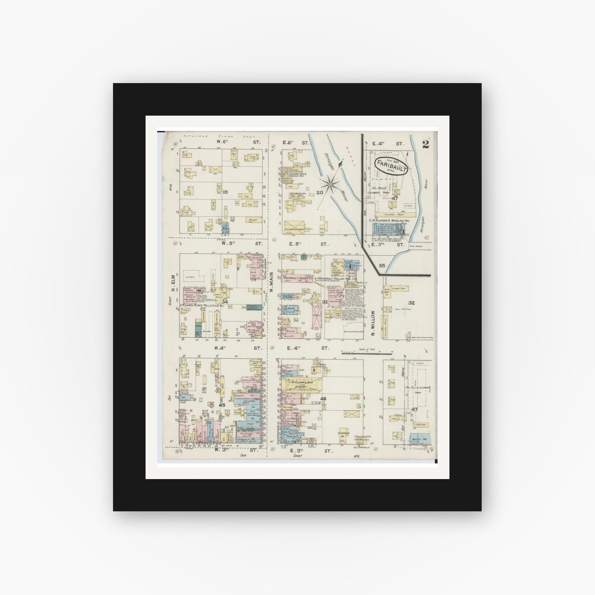 Old map wall art mockup — black gallery frame with white mat — Sanborn Fire Insurance Map from Faribault, Rice County, Minnesota (1889), Sheet #0002