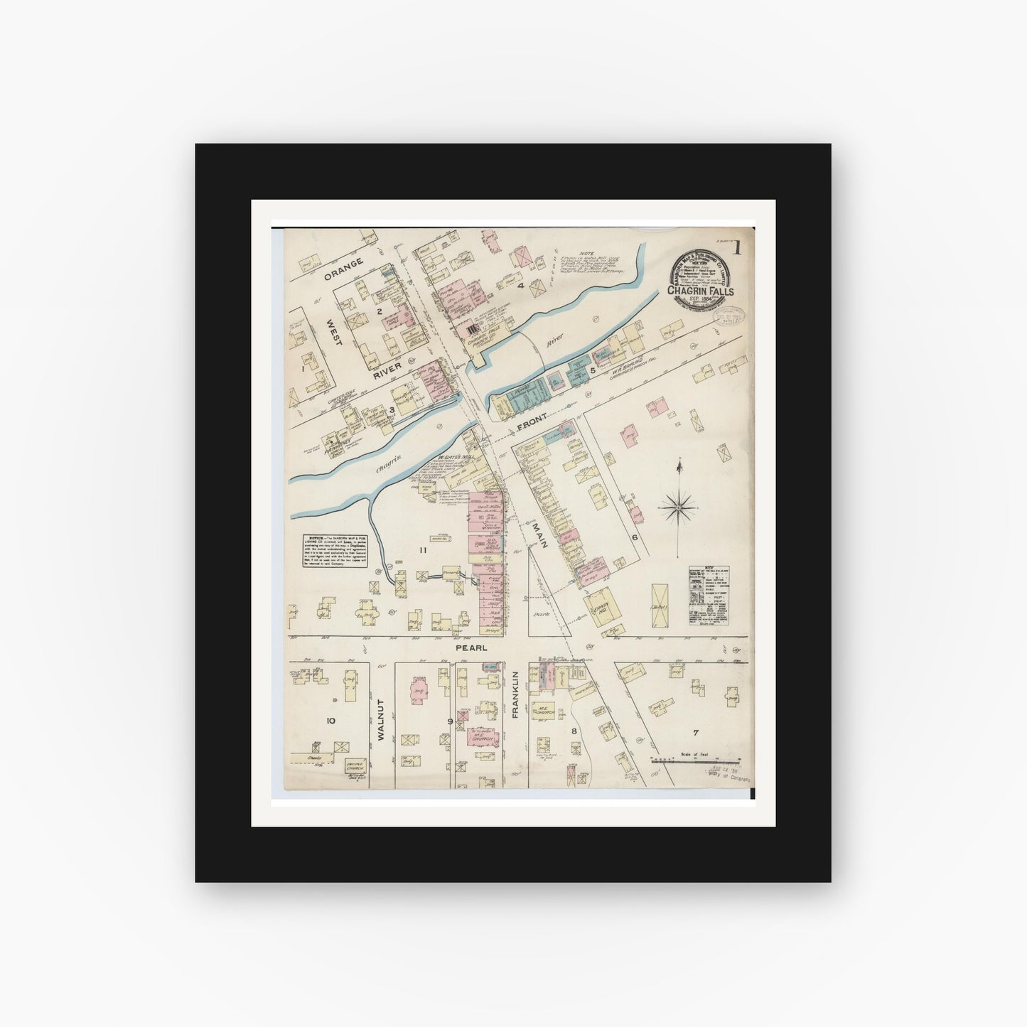 Old map wall art mockup — black gallery frame with white mat — Sanborn Fire Insurance Map from Chagrin Falls, Cuyahoga County, Ohio (1884), Sheet #0001